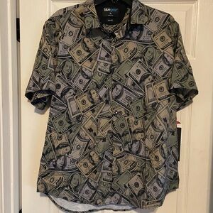 Blue Gear Money Bills Dollar Benjamins Short Sleeve Button Down Shirt Mens xl
